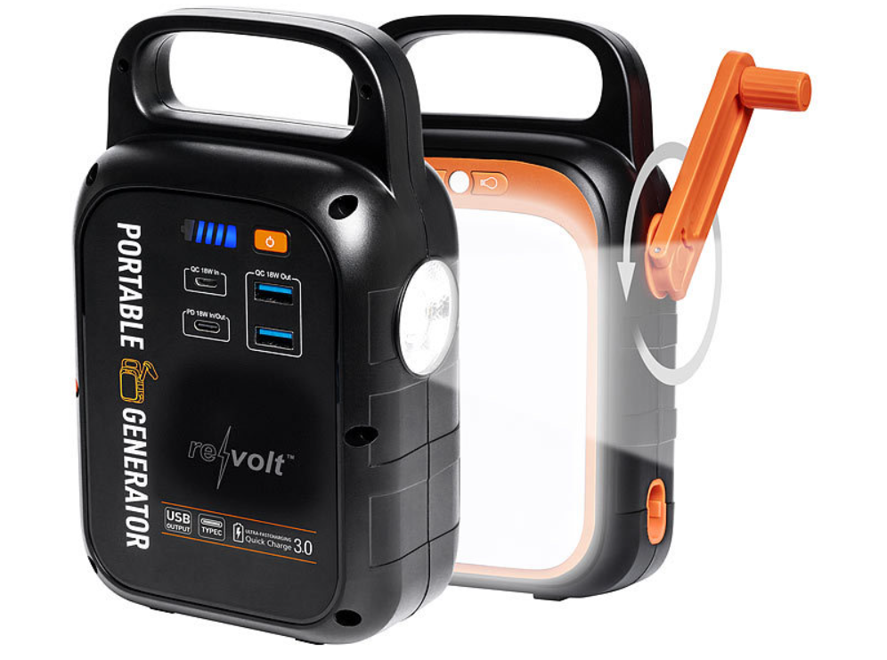 Crank power bank and flashlight - emergency power - dynamo power station - 18 W - 22.5 Ah - quick charge - power delivery - emergency power bank - emergency light / emergency lamp - emergency power supply / power supply