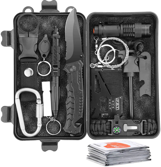 Survival set complete - survival tools for outdoors including paracord, lamp, whistle, fire steel