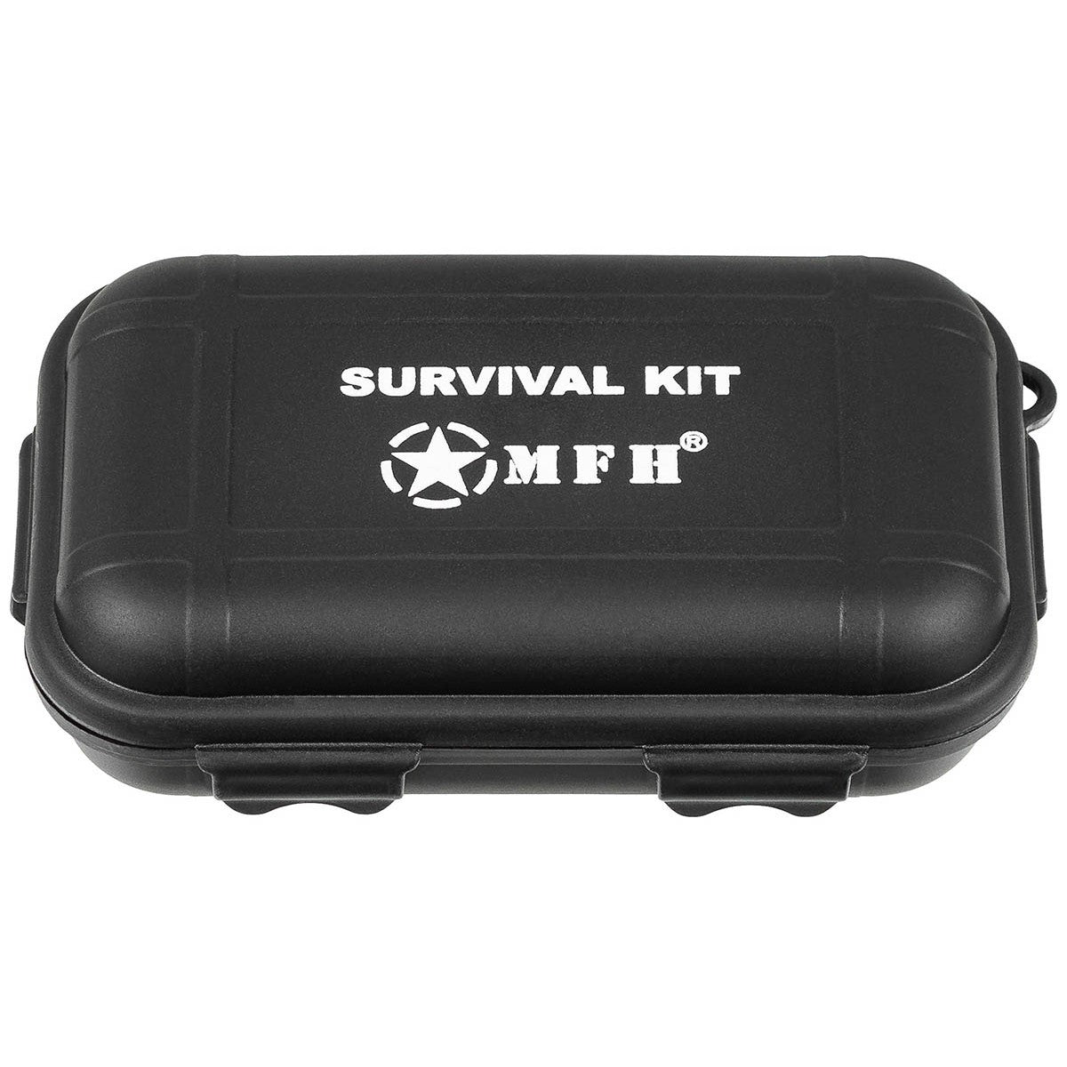 22-piece survival set, black with fire steel whistle, mirror, compass, fishing set and much more.